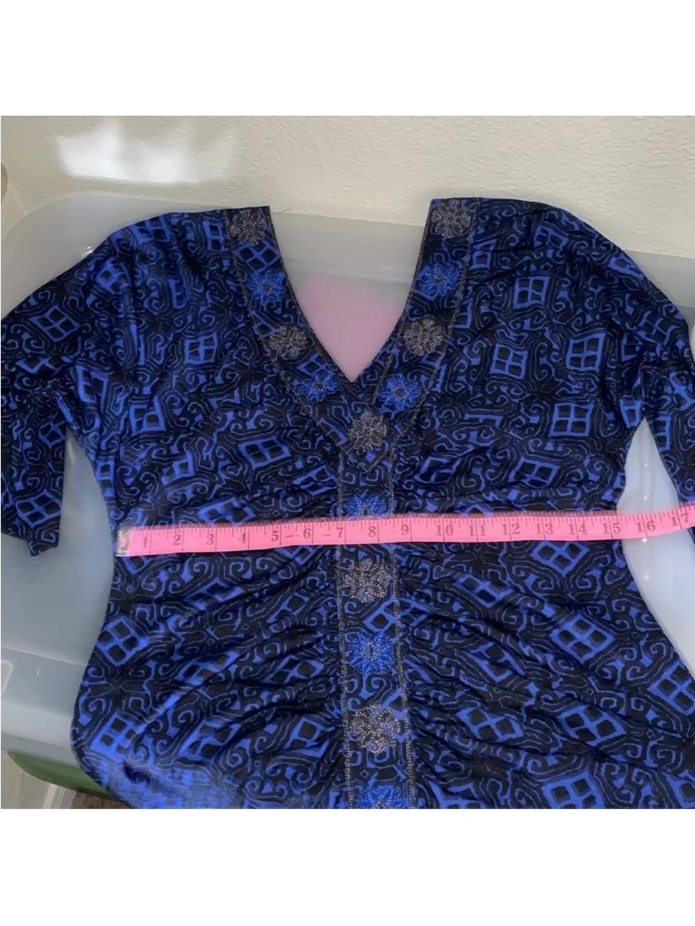 Women's Blue V-Neck Ruched Top with Embellished Buttons